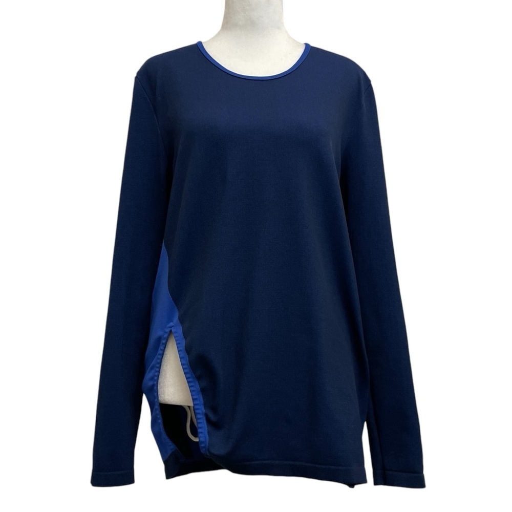 Tory Sport Blue Colorblock Knit Long Sleeve Slit Front Athletic Top